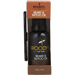 The image features a packaging of Woody's Beard and Tattoo Oil, displaying a dark bottle and an orange box with the product name prominently shown.