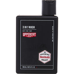 Black bottle of Uppercut Deluxe 3-in-1 Wash with a pump dispenser. Labeled for hair, face, and body, featuring a Grooming MensHealth Awards badge