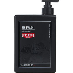 Black bottle of Uppercut Deluxe 3-in-1 Wash, 33.8 fl oz, featuring a simple, masculine design with prominent product labeling.