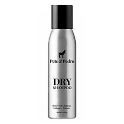 Silver aerosol can of Pete & Pedro Dry Shampoo, labeled for revitalizing and volumizing hair. The product is designed to refresh hair's appearance between washes.