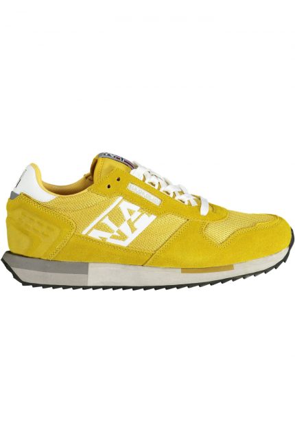 A pair of vibrant yellow lace up sporty sneakers displayed on a white background, showcasing their bold color and athletic design.