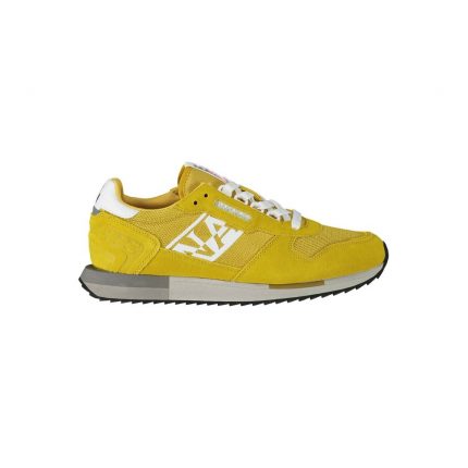 Vibrant yellow contrast lace-up sneakers displayed on a white background. The shoes feature a bold, bright yellow fabric with contrasting black laces and a sleek design. The soles are thick and white, providing a striking visual contrast that enhances the vivid hue of the sneakers.