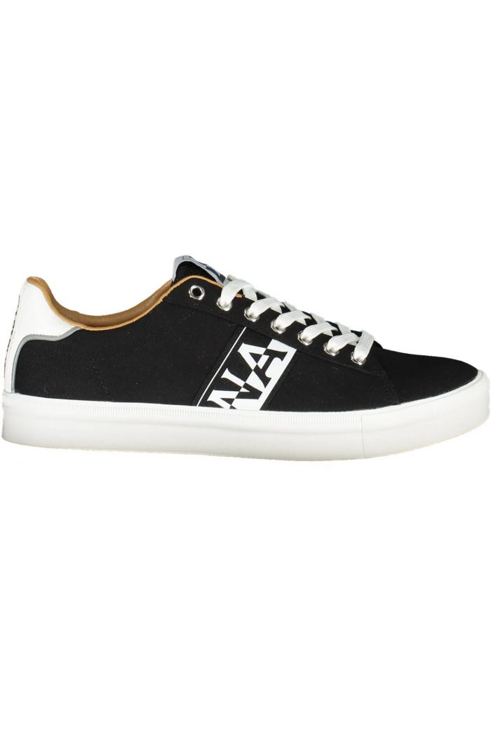 Men's black lace up sneakers with contrasting white soles and a minimalist design