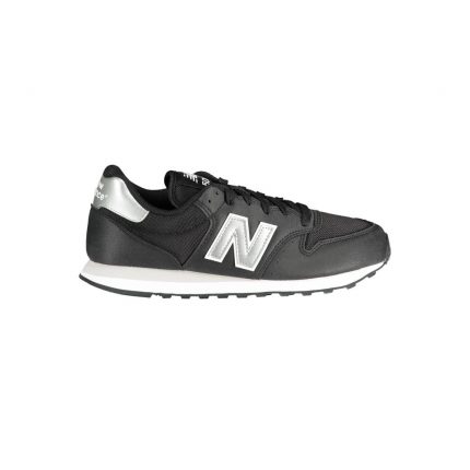 New Balance polyester black sneakers on a white background, showcasing sleek design and durable material.