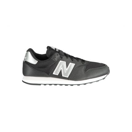 New Balance black polyester sneakers displayed on a clean white background, emphasizing their stylish and robust build.