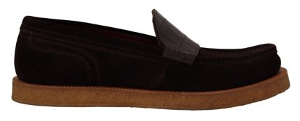 Brown suede crocodile loafers for men by Dolce & Gabbana, featuring a luxurious and classic design.