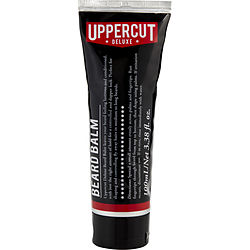 The image shows a tube of Uppercut Deluxe Beard Balm, 100ml size. The packaging is predominantly black with red and white text detailing product information.