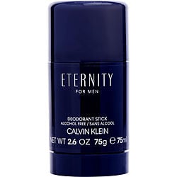 The Calvin Klein Eternity for Men Deodorant Stick. This sleek, cylindrical container is rendered in a deep blue hue, prominently displaying the 'Eternity for Men' logo in a minimalist white font. The packaging indicates it is an alcohol-free product, providing a net weight of 2.6 ounces (75 grams).