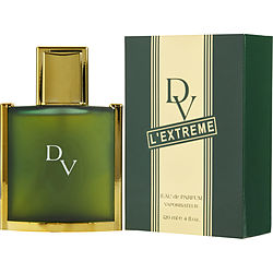 The image displays a bottle of Duc De Vervins L'extreme by Houbigant eau de parfum. The bottle is rectangular with a green tint and the logo "DV" prominently featured in the center. It's paired with its packaging, a vertical green and white striped box with the product name and details.