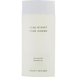 The image shows a bottle of Issey Miyake L'Eau D'Issey Pour Homme Shower Gel. The bottle is sleek and minimalist, predominantly white with simple gray text that reads "L'EAU D'ISSEY POUR HOMME" at the top and "GEL DOUCHE - SHOWER GEL" below in a smaller font. The design reflects a modern and elegant aesthetic, typical of Issey Miyake's products.