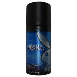 The image shows a can of Super Playboy Body Spray For Men 5 oz featuring a sleek, dark design with a prominent blue Playboy logo. The packaging hints at a cool, masculine scent ideal for modern sophistication.