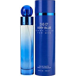 Perry Ellis 360 Very Blue Eau de Toilette in a sleek bottle, displayed against a clean, minimalist background highlighting the vibrant blue color of the perfume.