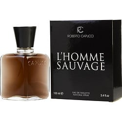 The image features a bottle and packaging of Roberto Capucci's L'Homme Sauvage cologne. The bottle is rounded with a sleek, dark cap, filled with a brown-toned fragrance. The box is black, with the name of the cologne and brand prominently displayed in white, emphasizing its elegant design.