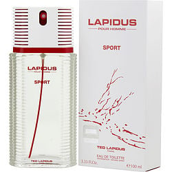 The image shows a bottle and packaging of Lapidus Pour Homme Sport by Ted Lapidus EDT Spray. The bottle has a textured design with vertical red stripes, and the packaging features a clean, white background with red splatter graphics.