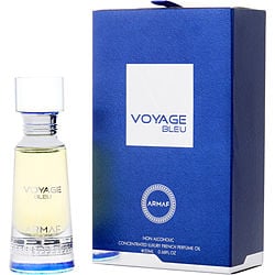 Armaf Voyage Bleu Eau De Parfum bottle on a dark, elegant background, highlighted by subtle lighting to emphasize its sleek design.