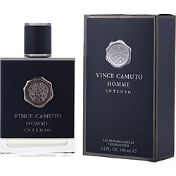 Image of Vince Camuto Homme Intenso Eau de Parfum. The packaging includes a sleek, dark blue bottle with the brand's signature embossed emblem, accompanied by a matching box.